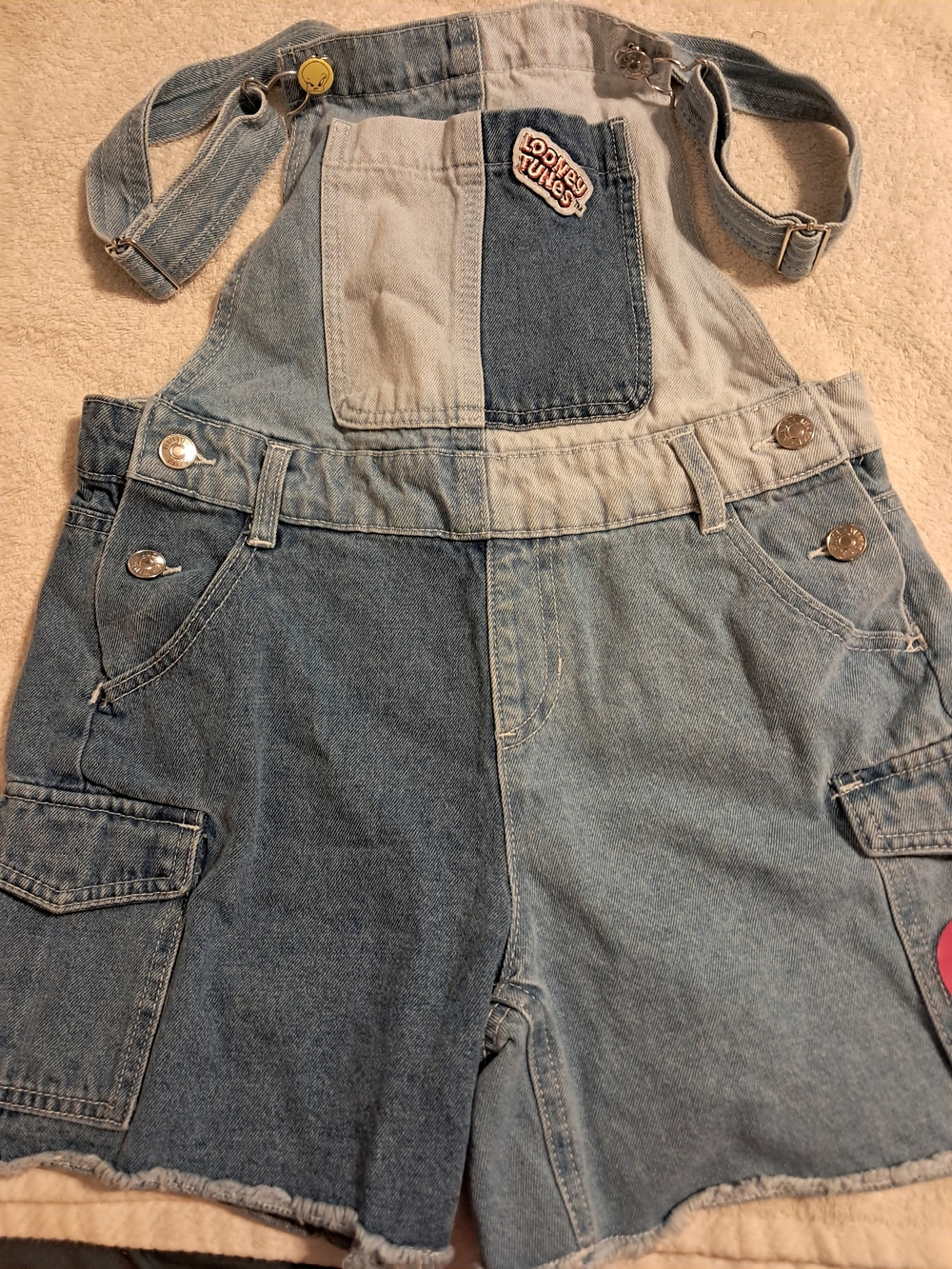 Justice Two-Tone Denim Short Overalls in Light and Medium Blue